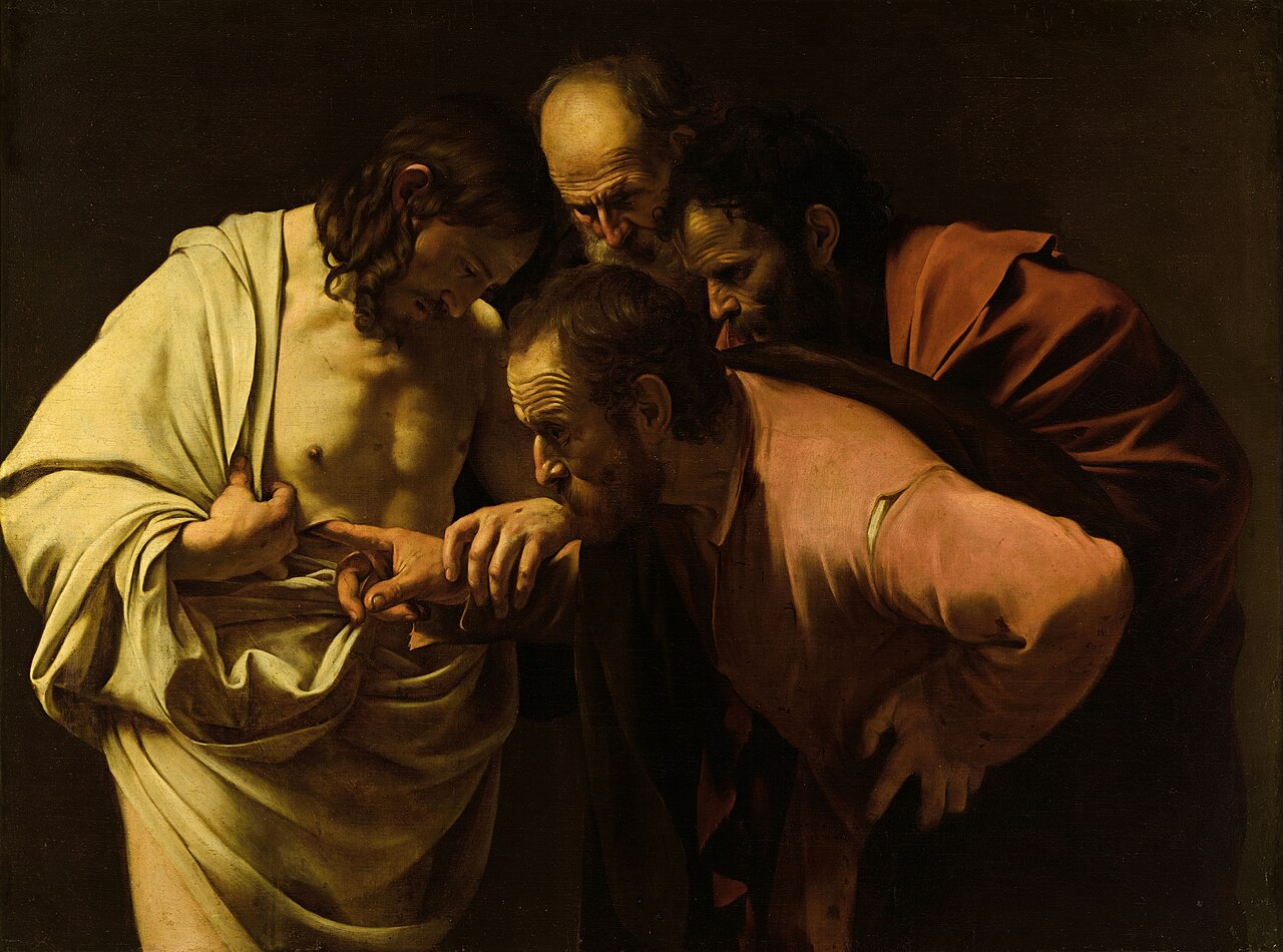 Caravaggio, The Incredulity of Thomas, 1602. Courtesy Wikipedia.